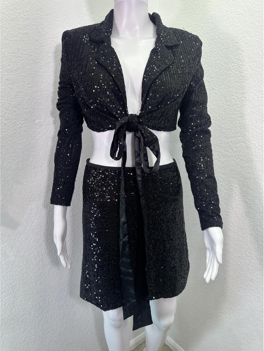 Sz M-L Privy & Misty Rose Black Sequin Crop Top & Skirt Clubwear Mobwife Outfit